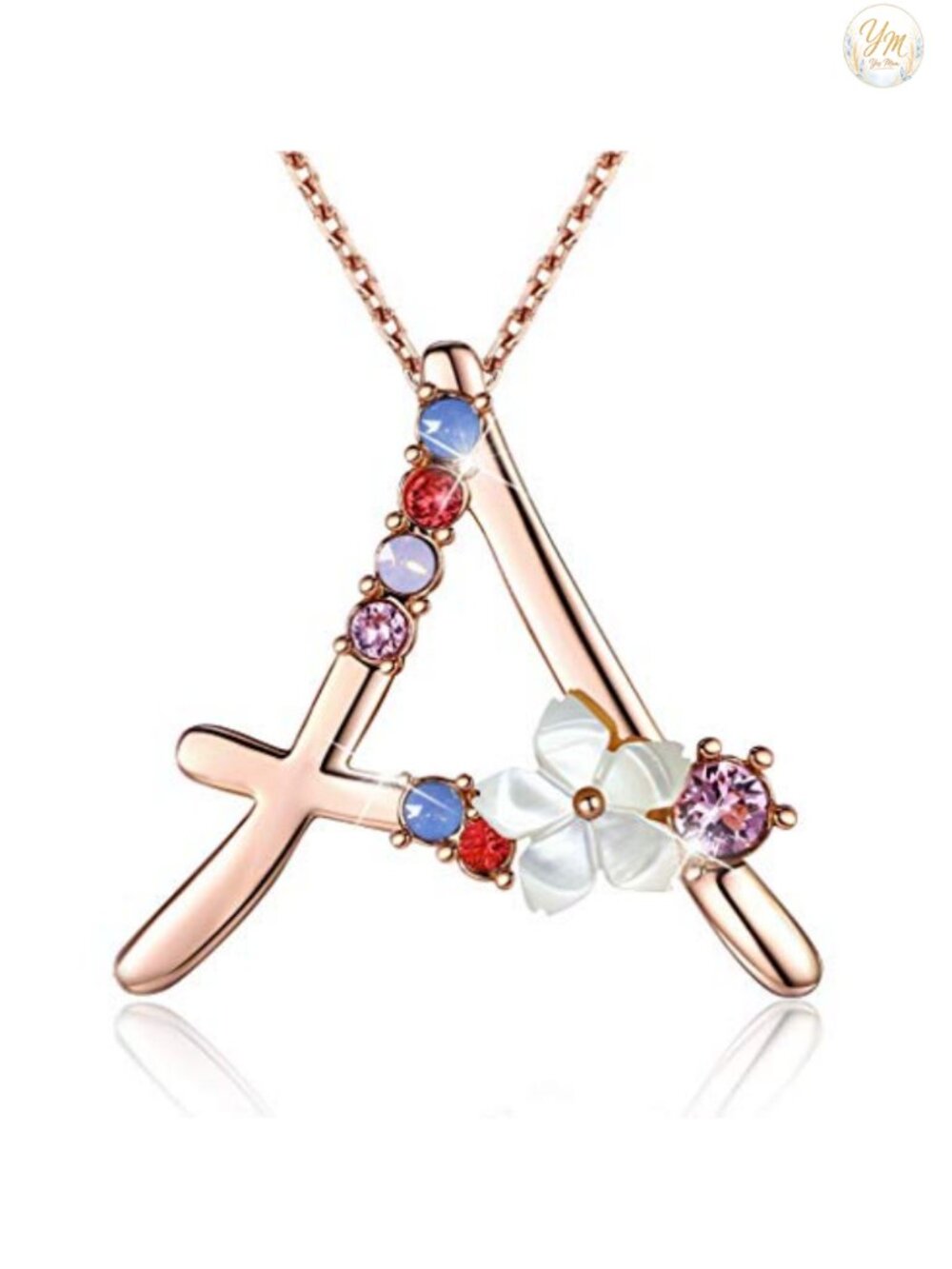 Flower Initial Letter Pendant Necklace Rose Gold Plated Austrian Crystals